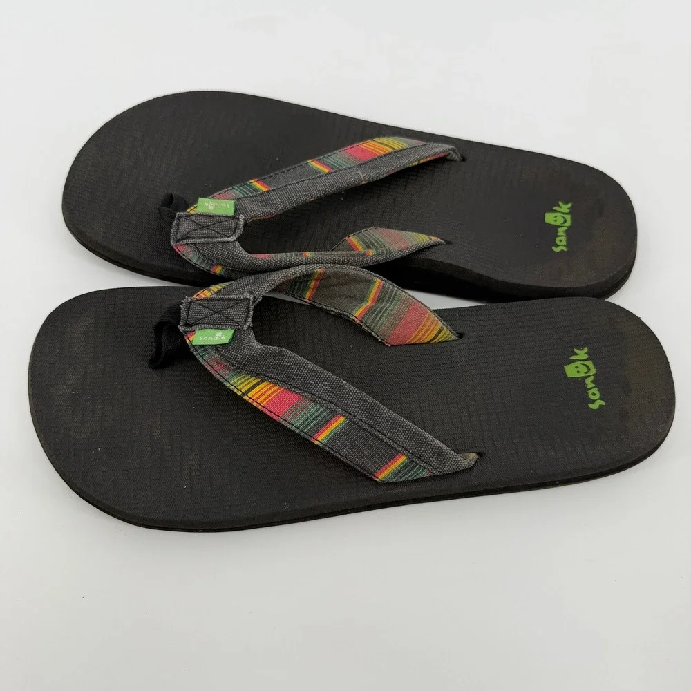 Sanuk Flip Flops Mens 11 Black Multi Striped Yoga Mat Sandals Surfer Boho Hippy